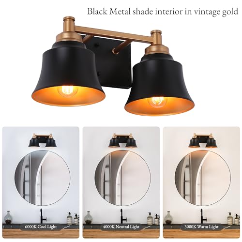 Image of KSANA Bathroom Light Fixtures, 2 Light Black and Gold Powder Room Wall Lights Over Mirror, 14 Inch Modern Farmhouse Metal Vanity Lights
