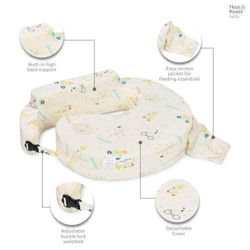 Image of haus & kinder Baby Feeding Pillow for New Born Baby, Breastfeeding & Nursing Pillow with Removable Cover, Posture Support with Pocket, Adjustable Strap, 0-24 Months (Animal Circus)