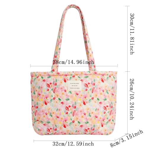 Image of Floral Quilted Cotton Shoulder Bag for Women Medium Size Handbag Large Capacity Thickened Design Tote