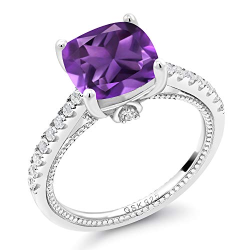 Gem Stone King 925 Sterling Silver Cushion Purple Amethyst and White Created Sapphire Engagement Ring For Women (3.27 Cttw, Available in size 5, 6, 7, 8, 9)2