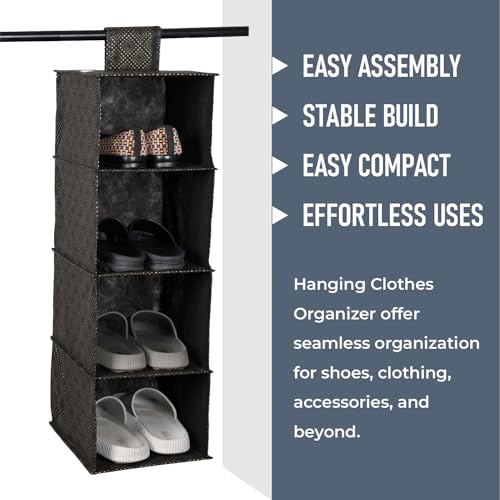 Image of Kuber Industries Non Woven Foldable 4 Shelf Hanging Closet Organizer /Organiser | Wardrobe /Cupboard /Almirah Hanging Cloth Organizer | Perfect for Clothes /Garment | Golden-Dot-Black