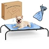 SZEE Raised Dog Cot Bed with Detachable 2-Sided Cooling/Warming Waterproof Mat, Elevated Dog Bed for Medium Sized Breeds with Durable Steel Frame & Sturdy Teslin Mesh, Outdoor & Indoor All-Season Use