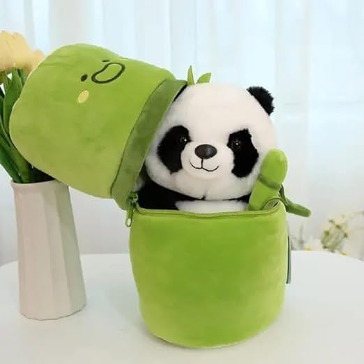 PCE Plush Panda Teddy Bear with Green Bamboo Case, Soft Stuffed Animal Toy, 20 cm, White Black and Green, Gift for Kids Ages 8-20