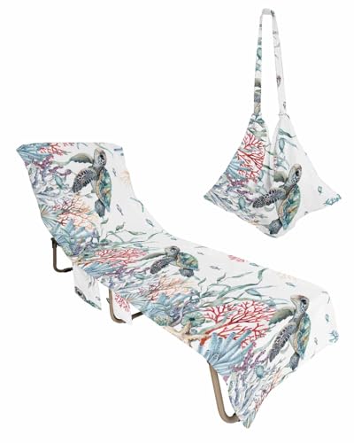 Sea Turtle Beach Lounge Chair Towel Cover, Soft Chaise Lounge Towel with Side Pockets Patio Pool Chairs Cover for Beach/Pool Sunbathing 29x85 Summer Beach Coastal Coral Ocean Nautical