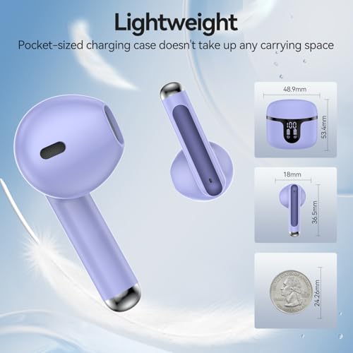 Image of Wireless Earbuds, Bluetooth 5.4 Headphones HiFi Stereo with 4 HD Mic, 50H Playtime Bluetooth Earbuds with Dual LED Display, IPX7 Waterproof Wireless Earphones, Touch Control Ear Buds,USB-C, Purple