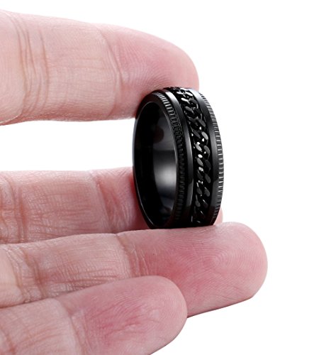 Fibo Steel Stainless Steel 8Mm Black Rings For Men Chain Rings Biker Grooved Edge,Spinner Ring With Chain Fidget Ring For Anxiety,Size 10 Black #TOP2