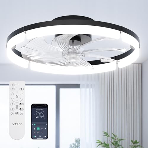 Image of addlon Ceiling Fans with Lights and Remote, 20'' Low Profile Ceiling Fan, 3000-6000K Dimmable Modern Flush Mount Fandelier for Bedroom, Kitchen, Living Room, Black