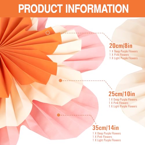 Image of Paper Flowers Decorations for Wall Pink and Orange Paper Fans Classroom Decoration Paper Floral Backdrop Decor Paper Fans Decoration Hanging Paper Fans Pink Flower Wall Decor, Set of 9