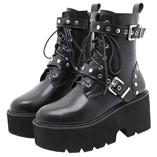 Image of Parisuit Womens Goth Patent Ankle Boots Platform Chunky Combat Boots | Lace Up, Gothic Boots, High Heel, Punk Short Booties, Buckle Boots, Chain Boots