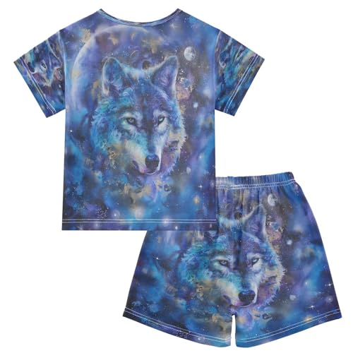 senya Short Sleeve Pajamas Sets Summer Cotton Sleepwear Watercolor Moon Galaxy Wolf2