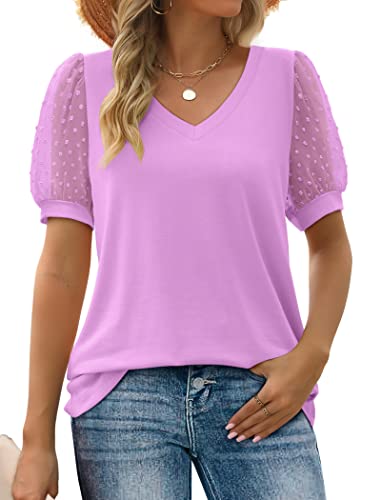 Image of Aokosor Womens Summer Tops V Neck T Shirts Swiss Dot Puff Sleeve Tops Loose Casual Tshirts