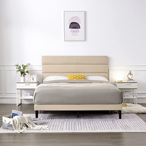 QZhommer-Upholstered-Platform-Bed-Queen-Size-Metal-Bed-Frame-with-Headboard-and-Strong-Wooden-SlatsNon-Slip-and-Noise-FreeNo-Box-Spring-Needed-Mattress-FoundationEasy-AssemblyBeige