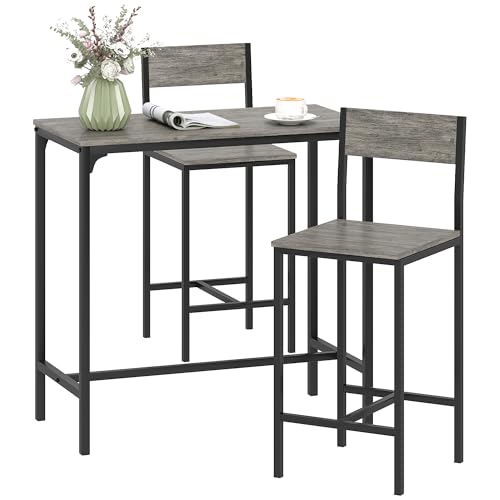 Image of HOMCOM 3-Piece Bar Table and Stools Set, Industrial Breakfast Bar Set with Footrest, Backrest, Metal Frame, Kitchen Table and 2 Chairs for Dining Room, Small Space, Charcoal Grey