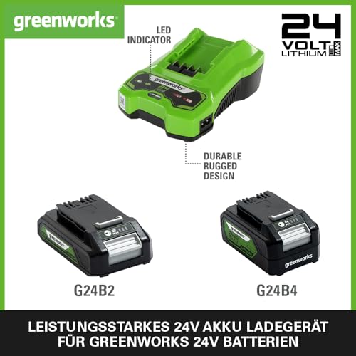 Greenworks 24V 2A Akku Ladegerät, für Greenworks 24V Batterien G24B2 & G24B4, Original Greenworks Ladegerät, Wandmontage + LED-Ladeindikator, Für alle 24V Akkus geeignet, 3 Jahre Garantie, G24C