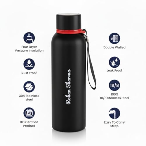Image of Giftana Personalized Bottle with Name, Customized Stainless Steel Water Bottle for School, Office, Gym & Travel, Customized Gift for for Men & Women, Corporate Gifts for Employee (Black,800ml)