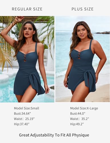 Image of Zilcremo Swim Dress for Women Tummy Control One Piece Swimsuit Wrap Swimdress Square Neck Skirted Bathing Suit Swimwear