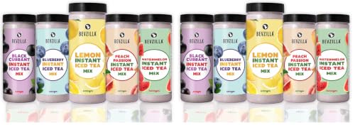 Image of Bevzilla Black Currant,Blueberry,Lemon,Watermelon & Peach Passion Instant Ice Tea Powder Combo - 400g Each Jar | Refreshing Summer Iced Tea Drink | Instant & Easy to Make (Pack of 2)