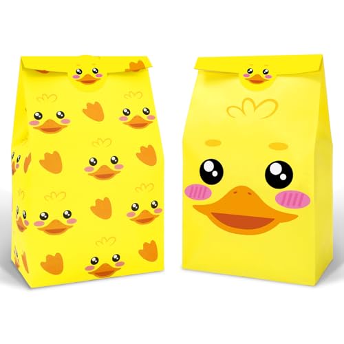 JarThenaAMCS 24Pcs Summer Rubber Duck Party Favor Bag Yellow Duckies Paper Treat Gift Bags with Tag Stickers Cute Candy Goodie Bags for Baby Shower Birthday Party Supplies