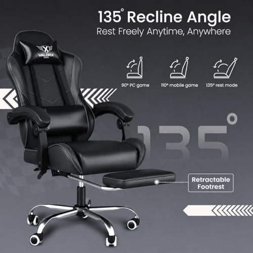 Image of ValorX USA Vector 2026 Edition I Ergonomic Gaming & Computer Chair in PU Leather | Dual Massager Back Cushion | Adjustable Neck & Lumbar Support | Ergo-Sync Armrests | Retractable Footrest (Black)