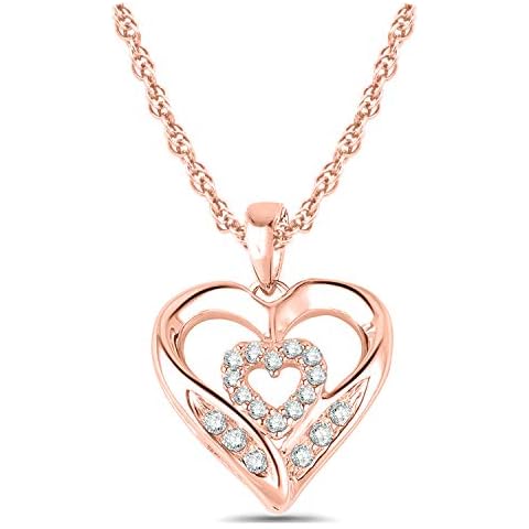 Cali Trove, 10K Rose Gold Diamond Double Heart Necklace for Women, 18" Rope Chain Cover