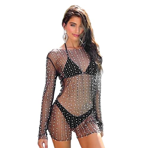 Vestido de playa transparente con diamantes de imitación de perlas, cubierta de bikini sexy de manga larga para mujer, vestido de fiesta transparente flaco (L)