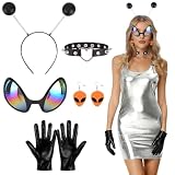 Zidoley Disfraz de Alien para mujer, juego de 5 unidades – diadema negra alienígena, pendientes rojos, gargantilla, guantes y gafas brillantes, traje de niña espacial para carnaval y Halloween