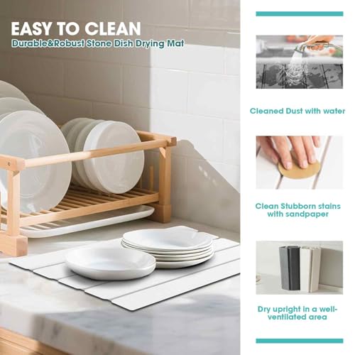 HAOIVE Dish Drying Mat Stone Bath Mat Diatomaceous Earth Stone Drying Mat For Kitchen Counter Sink Bath Mat Quick Dry Non Slip Foldable Dish Drying Rack Mat Small(16"×12" White) — view 6