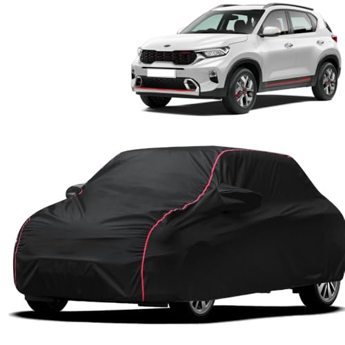 Image of Waterproof Car Cover for Kia Sonet | All-Weather Protection, Dustproof & UV Resistant | Triple Stitched Mirror Pockets, Windproof Buckle Strap with Elastic Hem, Black-Red Piping