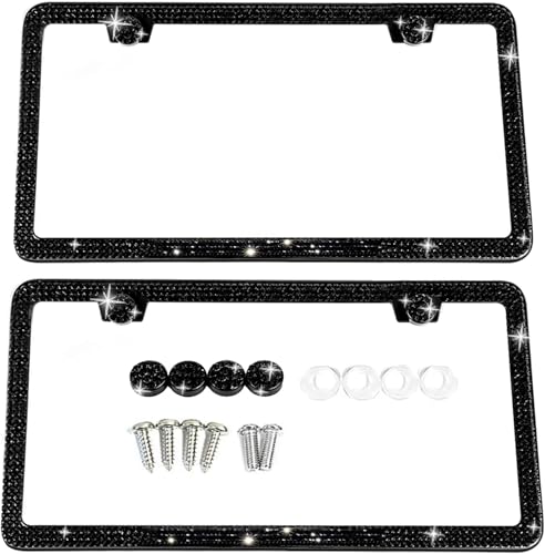 2 Pack Bling License Plate Frames for Women Sparkly Rhinestone Diamond Car Accessories with Glitter Crystal Caps (Black)