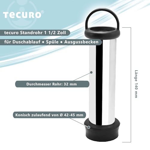 tecuro Standrohr für Ablaufventile 1 1/2 Zoll x 140 mm Länge, für Duschablauf, Spüle, Ausgussbecken, Messing verchromt