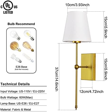 GLADFRESIT Modern Wall Light Set of 2 White Fabric Shade Wall Sconce Hardwired Indoor Wall Bedside Lamp Bathroom Vanity Light Fixture, Brushed Brass