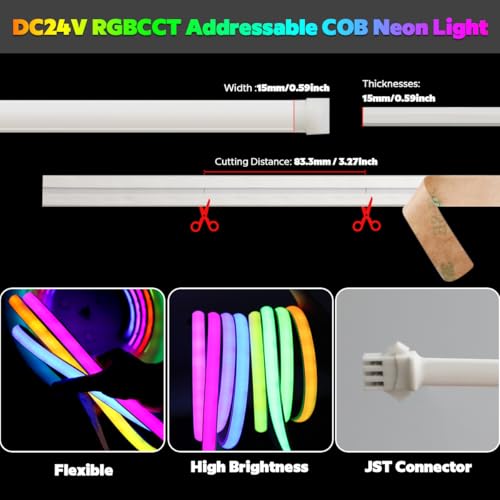 Image of Addressable RGBCCT Flexible COB LED Strip Light, RGBWW 24V WS2811 Pixel 4200LEDs Cuttable Outdoor 16.4Ft 5m Long Color Changing LED Strip, Neon White Silicone Tube Lighting with Adhesive Back