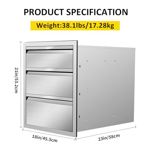 Image of Outdoor Kitchen Drawers 18 inch W x 21 inch H x 23 inch D Triple BBQ Drawers Stainless Steel Built-in Drawer for Outdoor Kitchen Island, Patio Grill Station