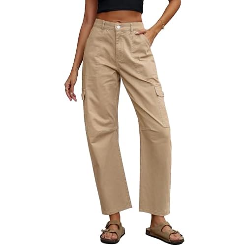 Eddoyee Cargo Pants Women Barrel Jeans Wide Leg Baggy Work Denim Pants High Waist Trousers Stretchy with 6 Pockets B Khaki Small