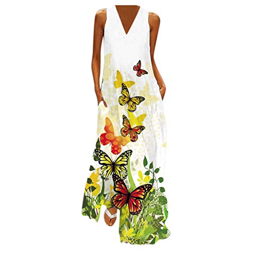 Dress for Women Butterfly Casual Sleeveless Pockets Summer Long Maxi Dress Fashion V Neck Loose Boho Beach Sundress