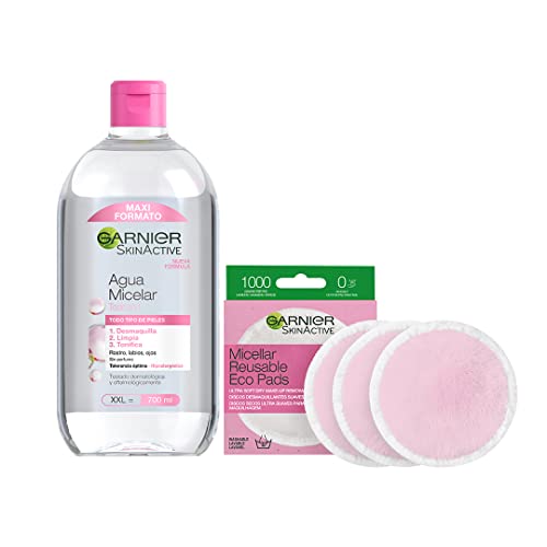 GARNIER Agua Micelar Desmaquillante y Limpiador Facial con Discos Desmaquillantes Reutilizables - 700 ml