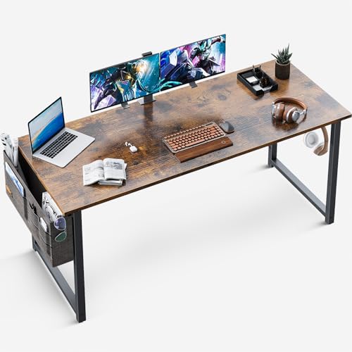 ODK Escritorio de Ordenador, Mesa de Estudio de Ordenador con Bolsa de Almacenaje y Gancho para Auriculares Mesa de Escritura de Ordenador para Oficina, Dormitorio (Marrón, 138x50x73.5cm)