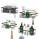 4 Stück Duschablage Ohne Bohren Duschregal mit 16 Haken, Duschregal Ohne Bohren Schwarz Edelstahl für Badezimmer und Küche, Badezimmer Organizer Seifenschale Rasiererhalter Shampoo Halterung