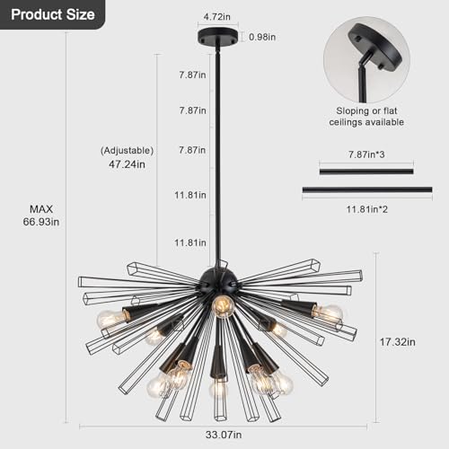 TinHon 10-Light Black Sputnik Chandeliers, Modern Starburst Chandelier — view 4