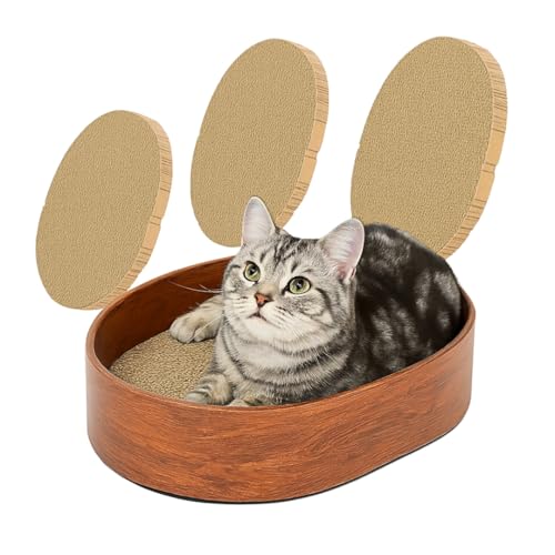 Kratzbrett Katze rund aus robuster Kratzpappe – Ovales Katzenkratzbett mit 3 austauschbaren, doppelseitigen Pappen für Krallenpflege &...