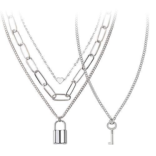 BVROSKI Chains Necklace for Eboy Egirl Men Male Emo Goth Women Teen Girls Boys,2 Layered Lock Key Pendants Necklaces Set,Stainless Steel Jewelry Pack for Pants Punk Play