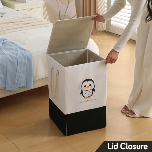 Image of HOKIPO Foldable Laundry Basket for Clothes with Lid, Black - Penguin (AR-5317-BLK), 53cm, 35cm