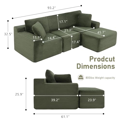 Image of Modular Sectional Sofa, Green Boneless Couch for Living Room
