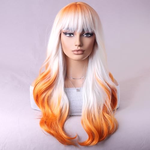 BERON Orange and White Long Wigs Curly Wavy Womens Wigs with Bangs Orange White Ombre Colorful Heat Resistant Synthetic Wigs for Cosplay or Daily Wigs Wig Cap Included