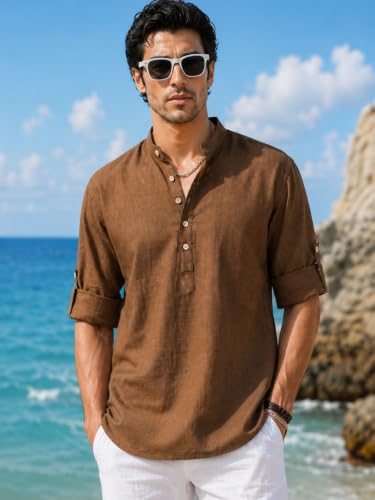 Image of Majestic Man Men's Pure Cotton Solid Mandarin Collar Slim Fit Roll-Up Sleeves Short Kurta Lightweight Summer Kurta for Daily & Occasion Use