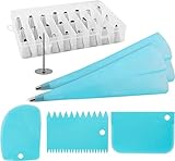 32 Piece Cake Decorating Kit - Stainless Steel Baking Supplies, Icing and Piping Tips and Bags, Scrapers, Couplers, Stud - Convenient Storage Box Included - Easy to Use and Dishwasher Safe