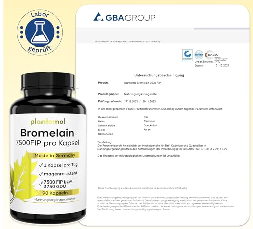 Bromelain Kapseln mit 7500 FIP/Kapsel - Bromelain hochdosiert - 750mg Bromelain Enzym aus Ananas - Enzymaktivität von 10.000 FIP/g - 3 Monatsvorrat