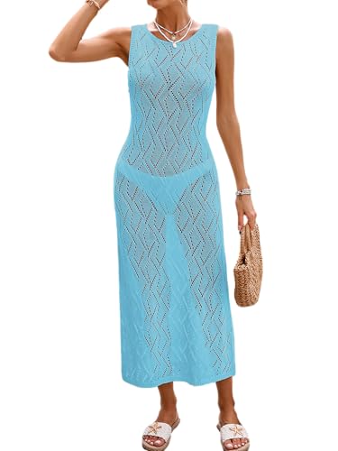 BreathSunny Womens Crochet Knit Swimsuit Cover Up Dress for Woman Summer 2026 Casual Hollow Out Mesh Sleeveless Bathing Suit Beach Bikini Coverups Dresses Vacation Outfits Turquoise L