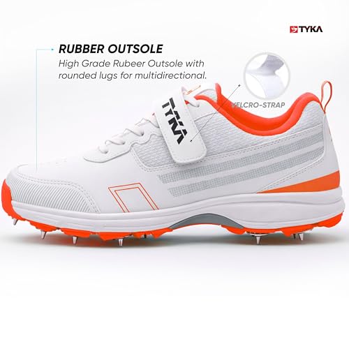 Image of TYKA Cricket Shoes Spikes for Junior | Synthetic PU Upper | Genuine Rubber and Phylon Sole | Lace Closure | Field Sports Shoes | Grip Support | Practice & Match Play
