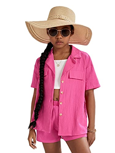 Image of WDIRARA Girl's 3 Pieces Outfit Short Sleeve Button Front Shirt with Camisole and Shorts Set
